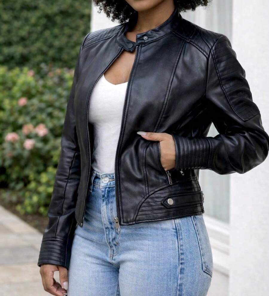 Women's Leather Jacket, Black Leather Coat - 黑色 - 查看 1