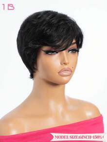 QVR QUEEN VIRGIN REMY QVR 短直发精灵头假发，波波头造型，即戴即走，女士精灵头假发，无需胶水，真人发，全机织，自然黑色，日常佩戴舒适。 - Natural Black - 查看 5