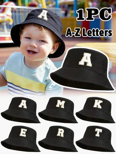 1pc Kids Gold Trim 26 Letter Bucket Hat, Lightweight Breathable Sun Hat, Suitable For Boys And Girls Daily Outings, Outdoor Travel, Photo Shoots