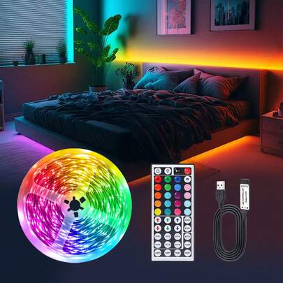 1pc/2pcs RGB LED Light Strip, Indoor LED Flexible Light Strip. Controlled By Infrared 44-Key Remote. USB Powered, Color-Changing And Dimmable. Suitable For Living Room, Bedroom, Cabinets, TV Backlighting. Birthday, Christmas, Halloween Festival Party Atmosphere Decoration