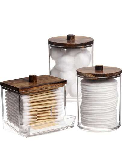 3pcs Bamboo Lid Cotton Swab Storage Box Set, PS Transparent Stackable Storage Box, Suitable For Cotton Balls, Cotton Swabs, Cosmetics And Other Items