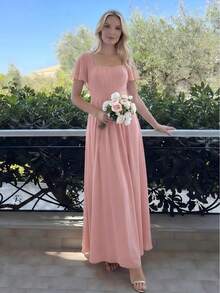 EVERPRETTY Đầm phù dâu màu hồng tay ngắn cổ vuông bằng vải chiffon thanh lịch, đầm dạ hội dự tiệc cưới mùa xuân/hè. - Hồng - Xem 8