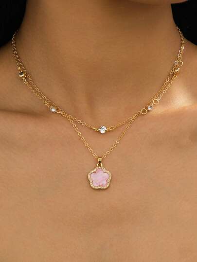 1件夏季新款度假海滩风经典百搭简约优雅闪亮粉色甜美幸运草吊坠多层项链，女士款