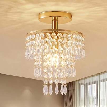 7.87inch Diameter X 11inch Height Luxury Crystal Chandelier, Flush Mount Ceiling Light, Suitable For Bedroom, Hallway, Living Room, Girl's Room, Dining Room, Bathroom. (Bulbs Not Included)
