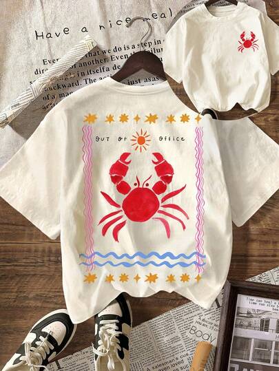 Grafik T-Shirt mit Krabbe "Außer Büro", Damen Casual Rundhals Kurzarm Shirt, Sommer Urlaubs Outfit am Strand