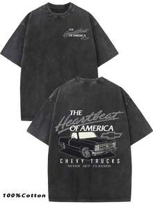Automotive T Shirts Men, Chevy Trucks Never Outclassed Heartbeat Of America Vintage Graphic, 230g Washed Cotton Crew Neck Short Sleeve, Streetwear, Big And Tall, Gift, Free Shipping - 黑色 - 查看 1