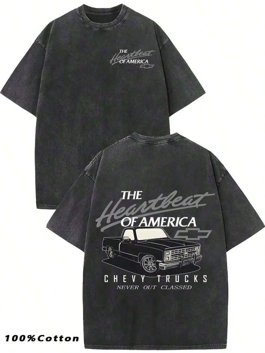 Automotive T Shirts Men, Chevy Trucks Never Outclassed Heartbeat Of America Vintage Graphic, 230g Washed Cotton Crew Neck Short Sleeve, Streetwear, Big And Tall, Gift, Free Shipping - 黑色 - 查看 1