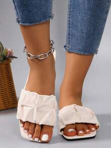 女士时尚方跟拼接平底休闲凉鞋 - 米色 - 查看 3