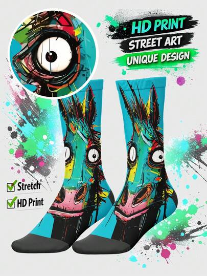 酷炫360度印花男士袜子 - 街头风船袜，街头艺术，独特设计，幽默图案，耐穿，情侣袜，嘻哈风格时尚袜，适合日常、假日、派对穿着，礼品袜