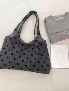 1pc Spring/Summer Korean Style Polka Dot Large Capacity Women's Shoulder Bag, Literary Fresh Crescent Bag, Durable Casual Vacation Cloth Bag, Available In Gray, Blue, Beige - A - View 8