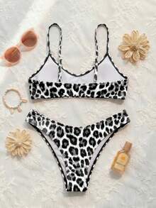 Adjustable Strap V-Neck Leopard Print Bikini Set, Bohemian Style For Beach, Vacation, Date, Party, Casual And Elegant - Multicolor - View 3