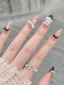 10pcs/Set Press On Nail Art Black Satin Lace Black Powder Bow Sweet And Cool Girlie Pinch Lace Trim Handmade Wearable Nails - Multicolor - View 2