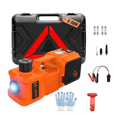 3-In-1 Electric Car Jack 5T 12V With Compressor & LED, 135-450mm Hydraulic Lifter, Comprehensive Emergency Kit With Emergency Hammer For SUVs/Cars