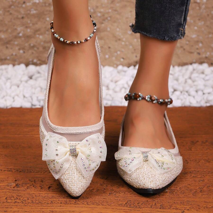 Giày lười nữ thoáng khí bằng lưới, kiểu dáng mũi nhọn thắt nơ, giày casual mùa hè. - Màu be - Xem 1