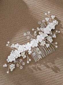 1件手工制作优雅白色软陶瓷花朵、珍珠和水晶发梳，新娘婚礼发饰 - 銀色 - 查看 10