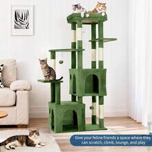 Torre de Gatos Multinivel de 61 Pulgadas para Gatos Grandes y Maine Coons | Plataforma Extragrande, 2 Condominios Espaciosos, Postes de Rascar de Sisal Resistentes y Juguetes, Parque de Juegos Moderno Estable - Verde - Ver 4