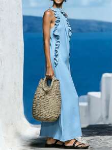 一件女士蓝色牛仔印花休闲波西米亚风褶皱/荷叶边下摆梭织连衣裙，适合度假海滩夏季休闲穿着，带口袋，春季优雅 - 淺色水洗藍 - 查看 2