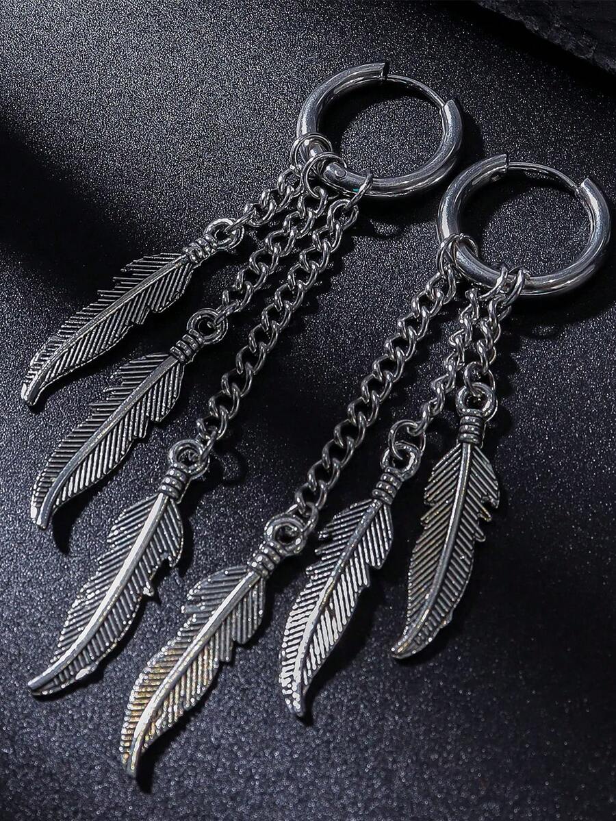 优雅羽毛吊坠耳环 - 低过敏性不锈钢波西米亚风饰品，叶子链长流苏耳环，朋克哥特风耳环，男女皆宜，适合派对和送礼 - 彩色 - 查看 1
