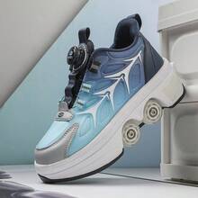 1 đôi giày thể thao phong cách đường phố in hình xương cá, giày trượt patin 4 bánh tự động thu gọn có khóa xoay dành cho thanh thiếu niên, giày trượt patin PU. - Màu xanh lam - Xem 1