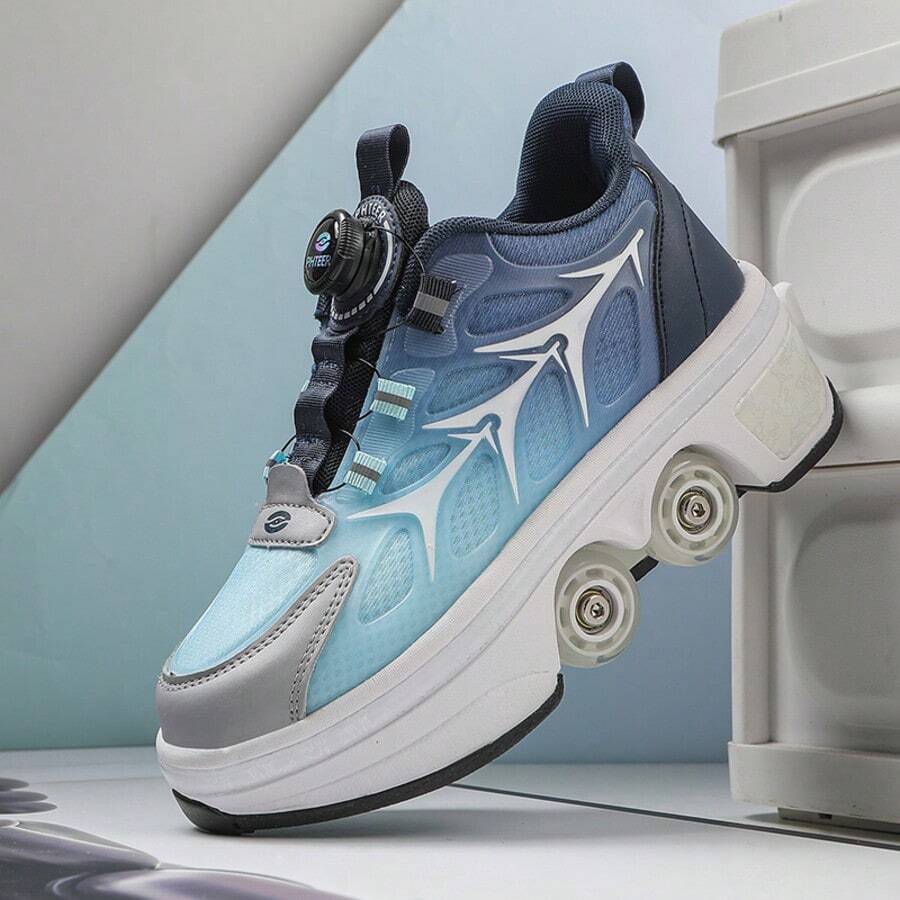 1 đôi giày thể thao phong cách đường phố in hình xương cá, giày trượt patin 4 bánh tự động thu gọn có khóa xoay dành cho thanh thiếu niên, giày trượt patin PU. - Màu xanh lam - Xem 1
