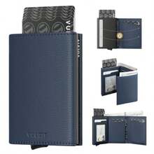 VULKIT - Cartera para hombre de piel auténtica de Litchi tarjetero desplegable con bloqueo RFID con compartimento para billetes y ventana de identificación Litchi-azul marino litchi genuine - Litchiazul marino - Ver 8