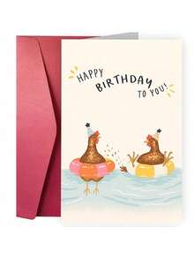 1Pc Fun Birthday Card With Chicken In Party Hat And Floating Ring - Cartoon Chicken Pool Party Design, Bright Colors, Including Envelope - Perfect For Friends, Family, Colleagues - Summer Pool Parties, Casual Gatherings, Birthday Celebrations, Fun Birthday Cards, Fun Design, Colorful Illustrations, Durable Paper, High-Quality Printing - 18*13cm - View 1