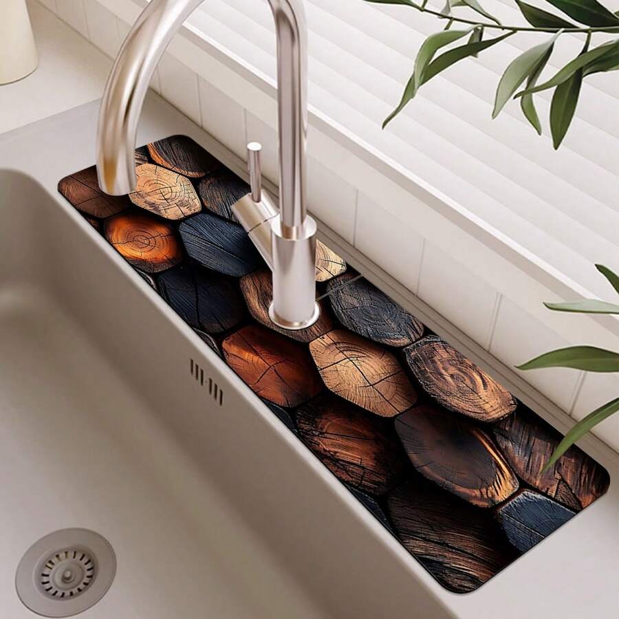 1pc Retro Wood Grain Style Faucet Water Absorption Pad, Drainage Pad, Kitchen, Bathroom Sink, Countertop, Drainage Pad, Diatomite Washbasin, And Cuttable Quick-Drying Pad.