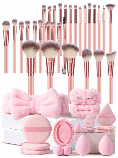 48PCS Makeup Tools Set Including:30PCS Makeup Brush Set+1pc Hairband+2PCS Hand Bowl Strap+3PCS Circular Powder Puffs+1pc Makeup Brush Cleaning Tools+3PCS Mini Makeup Sponges+3PCS Mini Air Cushion Powder Puffs+2PCS Makeup Sponges+3PCS Triangle Powder Puffs,All-In-One & Beginner-Friendly | Travel-Ready & Gift-Ready | Perfect For Newbies/Her