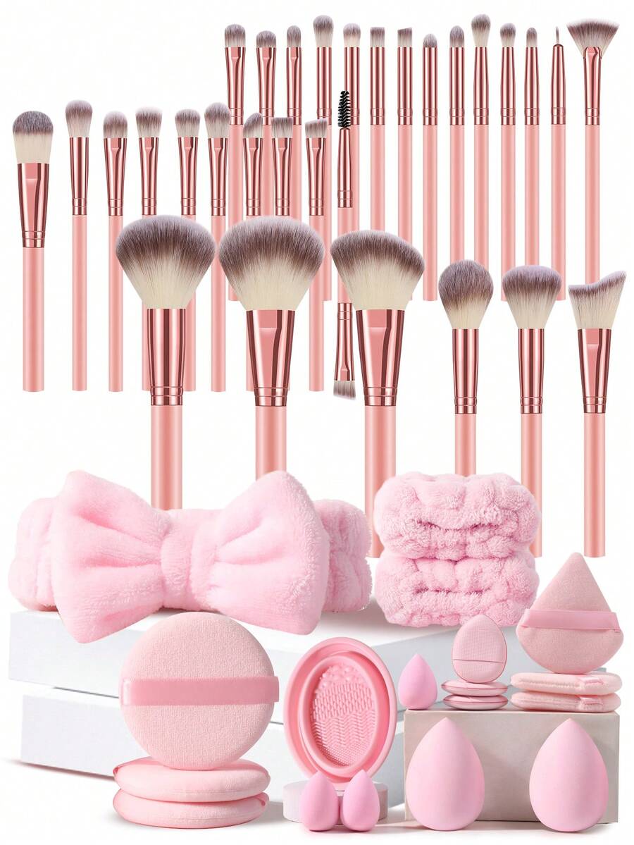 48PCS Makeup Tools Set Including:30PCS Makeup Brush Set+1pc Hairband+2PCS Hand Bowl Strap+3PCS Circular Powder Puffs+1pc Makeup Brush Cleaning Tools+3PCS Mini Makeup Sponges+3PCS Mini Air Cushion Powder Puffs+2PCS Makeup Sponges+3PCS Triangle Powder Puffs,All-In-One & Beginner-Friendly | Travel-Ready & Gift-Ready | Perfect For Newbies/Her - Multicolor - View 1