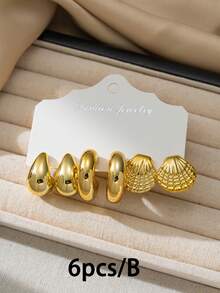 6-18件/套 女士时尚心形、水滴形、C形、贝壳形、海螺形耳钉套装，适合日常佩戴，节日礼物 - 金色 - 查看 9