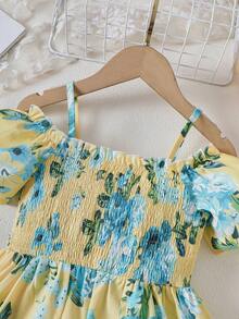 Young Girl Floral Ruffle Jumpsuit For Summer Vacation - Yellow - View 4