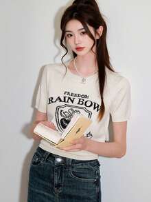 Alicedudu Áo dệt kim tay ngắn cổ tròn tối giản phong cách thường ngày dành cho nữ, thích hợp cho mùa hè. - Màu be - Xem 3