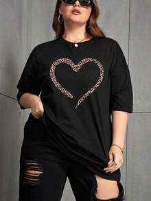 Camiseta holgada con estampado de leopardo y corazón, camiseta estampada con estampado de guepardo, parte superior para mujer, verano - Negro - Ver 1