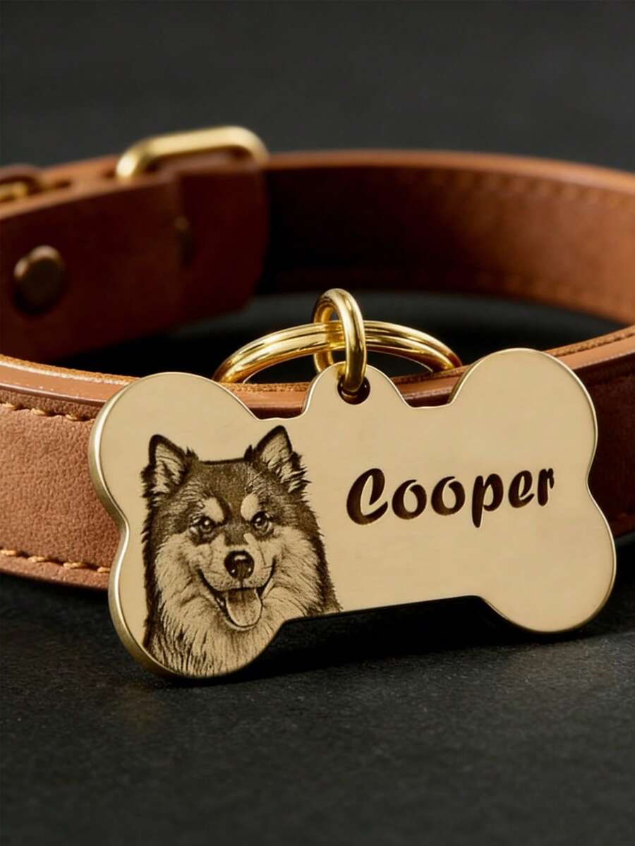 Customized Personalized Bone-Shaped Dog Tag, Can Engrave Dog Portrait And Name, Custom Pet ID Tag - Multicolor - View 1