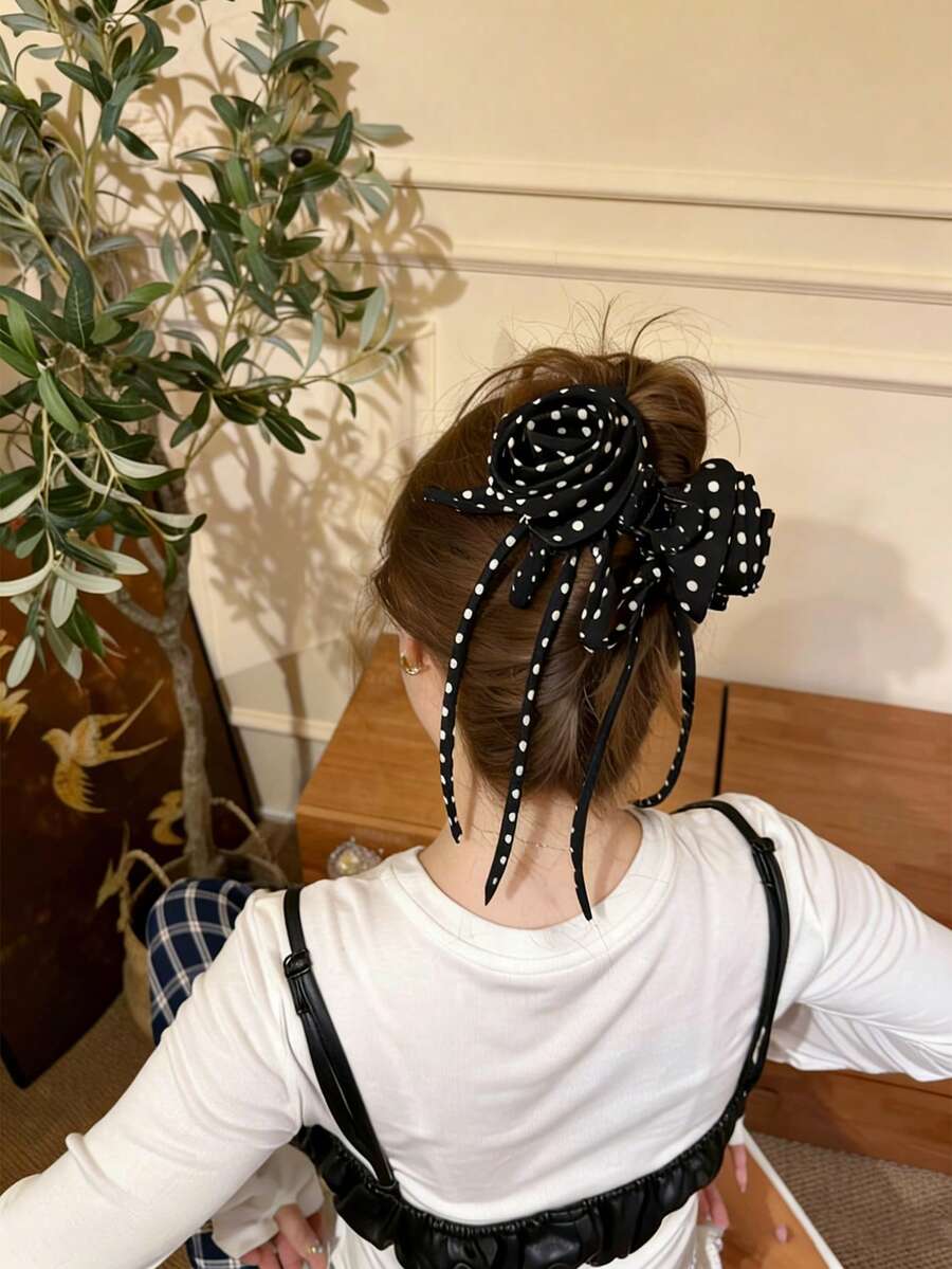 1PC New Minimalist Retro Ponytail Hair Clip: Polka Dot, Elegant Clip, Bow, Ribbon, And Rose - Black - View 1