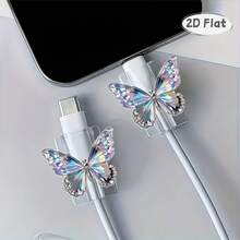 2 Pieces Of Iridescent Diamond Butterfly Pattern Protective Case, Anti-Damage, Providing Better Protection For The Data Cable (Non-Electrically Charged) Type-C Mobile Phone Data Cable Protector, Beautiful And Durable, Exquisite Life, 2D Plane - Multicolor - View 2