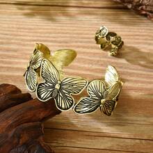 2pcs Vintage Elegant Butterfly Inlay Design Bracelet & Ring Set, Suitable For Women's Daily And Party Wear - Multicolor - View 9