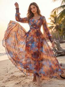 Women's Shirred, Cuff Drawstring, Random Floral Print Elegant Long Sleeve Maxi Dress Vacation - Multicolor - View 1