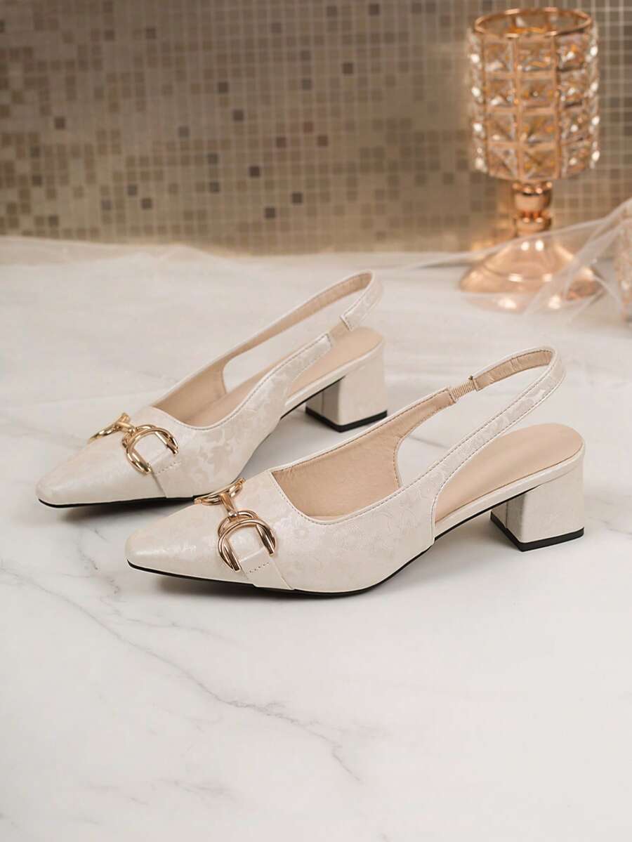 Elegant Closed Toe Sandals For Women, Mid-Heel Pointed Toe Metal Buckle Versatile Commuter Shoes, Casual Daily Wear - Beige - View 1