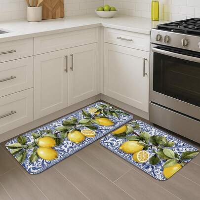 1 pieza/2 piezas/3 piezas Alfombra de piso de cocina antideslizante con estampado floral de limón vintage, 1,2 cm de espesor con amortiguación contra la fatiga, superficie de franela suave resistente al aceite y a las manchas, para uso en el hogar, cocina, baño, sala de estar, dormitorio, decoración interior, lavable a máquina
