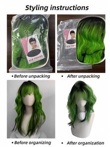 Tóc giả xoăn đuôi sói ombre đen và xanh lá cây, thiết kế mái cao, sóng tóc bồng bềnh tự nhiên, phù hợp cho phong cách đường phố, mặc hàng ngày, cosplay, phụ kiện đội đầu thời trang. - màu xanh lá - Xem 8