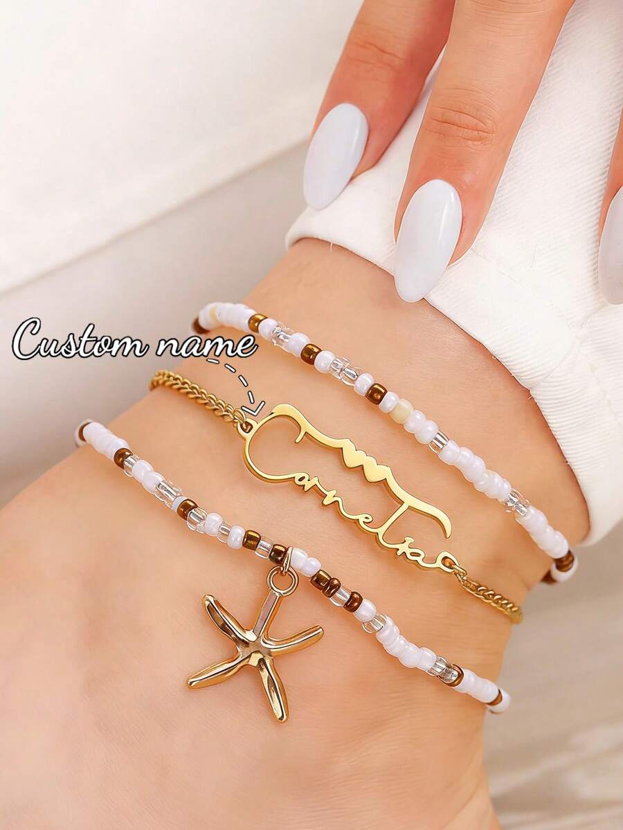 Vòng chân khắc tên cá nhân hóa dành cho nữ, mặt dây chuyền khắc tên, quà tặng cho phái nữ, trang sức bằng thép không gỉ. - Vòng chân nhiều lớp kiểu 1 - Xem 1