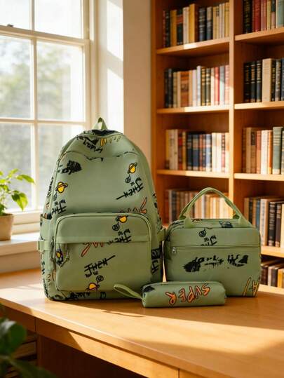 1 套背包，带午餐盒和铅笔盒，时尚可爱大容量多用途背包，适合旅行