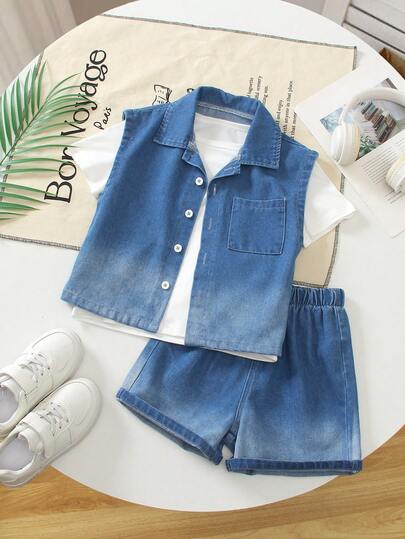 3件套幼儿男童夏季休闲渐变牛仔背心、白色短袖T恤和牛仔短裤套装