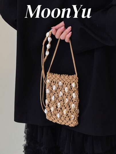 Women's Straw Woven Bag, Fashionable Braided Bag, Vacation Style Stone Decor Phone Pouch, Elegant Hollow Grid Khaki Bag