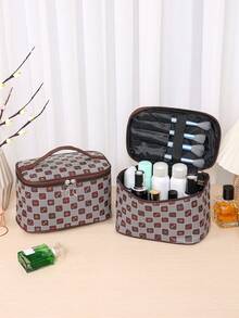DAONIAO 1个格子图案化妆包，大容量可折叠化妆品收纳包，居家旅行伴侣 - 棕色 - 查看 2