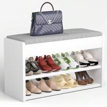 Banco Zapatero de 3 Niveles Zapatera Madera de Tres Capas Organizador de Zapatos Multifuncional con Asiento Acolchado de Espuma Zapatero Entrada para Entrada Puerta Pasillo 80 * 30 * 40.5 cm - Gris - Ver 1