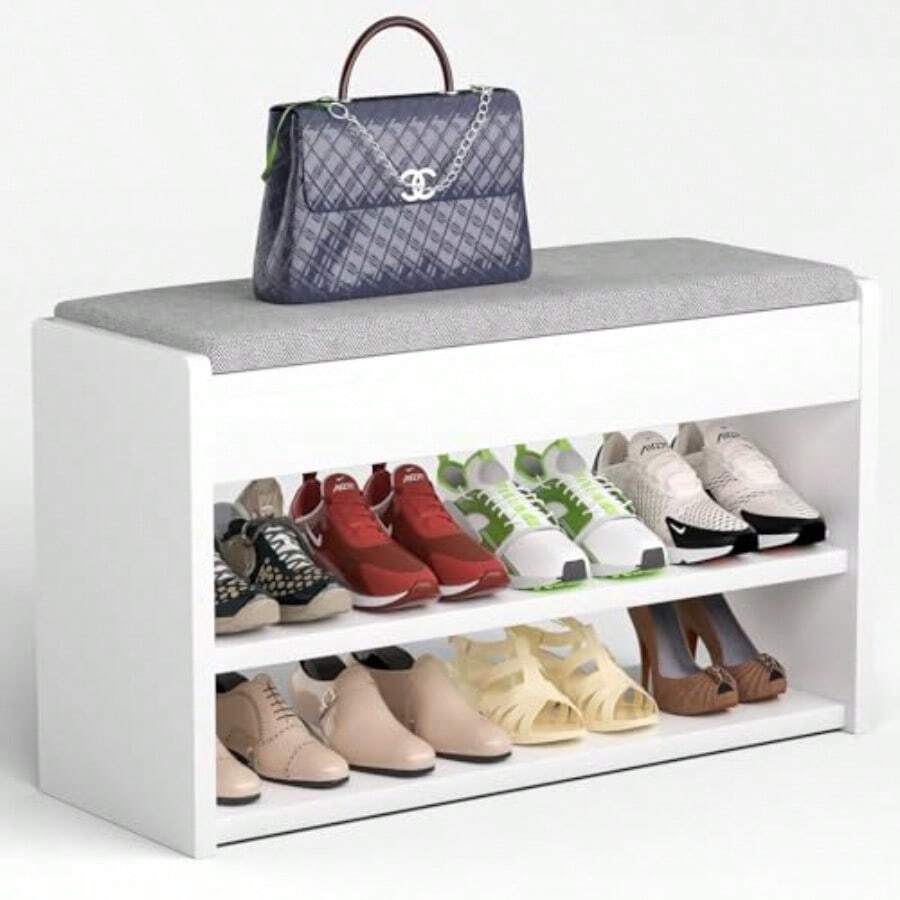 Banco Zapatero de 3 Niveles Zapatera Madera de Tres Capas Organizador de Zapatos Multifuncional con Asiento Acolchado de Espuma Zapatero Entrada para Entrada Puerta Pasillo 80 * 30 * 40.5 cm - Gris - Ver 1