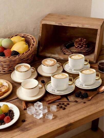 6pcs/Set Luxury Gold-Rimmed Ceramic Tea Set, Includes Coffee Cups And Saucers, Dishwasher . Suitable For Home Kitchen, Dining Table Decor, Afternoon Tea, Coffee Drinking, Personalized Gifts, Kitchen Accessories, Ramadan, Parties, Birthdays, Weddings And Dinners. Valentine's Day Gift, Suitable For Latte/Brunch, Wedding Favors, Home Decor, Coffee Lover Gifts, Perfect Combination Of Fashionable Tableware And Durable Kitchenware, Also An Ideal Mother's Day Gift. (Iron Stand Not Included)