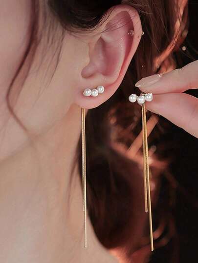 1 Pair Gold Faux Pearl Long Tassel Earrings, Luxury Elegant Bridal Jewelry, Wedding Gift, Dress Accessories For Bride, Suitable For Church Wedding/Gala/Party/Bridal Photoshoot/Bridesmaid Outfit